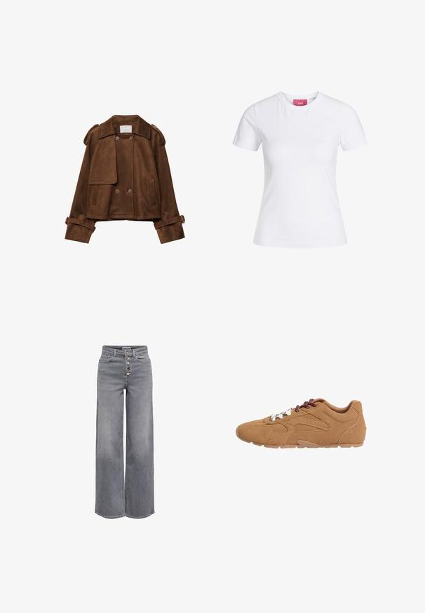 Brun ruskind kort jakke med dobbeltradede knapper, skulderstropper og bæltestropper på ærmerne. Har frontlommer med klap og en skrå krave.; Hvid slimfit t-shirt med korte ærmer og rund halsudskæring med en lyserød JJXX-label indeni kraven, vist mod en ensfarvet baggrund.; Grå denimjeans med høj talje, bred ben og fem synlige knapper ved frontlukningen.; Brun ruskindssneaker med tofarvede snørebånd, lavt design og struktureret sål, vist i siddeprofil på hvid baggrund.