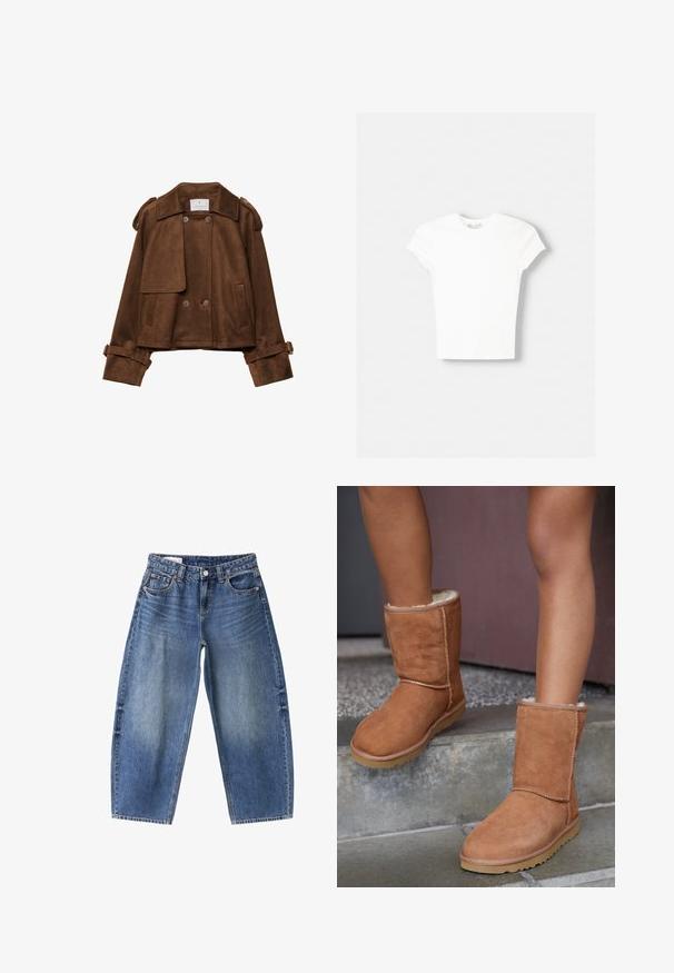Braune Wildlederjacke in Kurzform mit doppelten Knöpfen, Schulterklappen und Gürtelriemen an den Ärmeln. Verfügt über vordere Klappentaschen und einen gekerbten Kragen.; Weißes kurzärmliges T-Shirt aus weicher Baumwolle, mit Rundhalsausschnitt und figurbetonter Form. Keine sichtbaren Muster oder Verzierungen.; Blaue Denim-Jeans in lockerer Passform, mit Vorderknopf und Reißverschluss, Taschen vorne und hinten sowie ausgewaschenen Waschdetails.; Braune Wildleder-Stiefeletten mit runder Spitze, weicher Innenausstattung und Gummisohle, die über sichtbare Nähte entlang der Nähte verfügen.