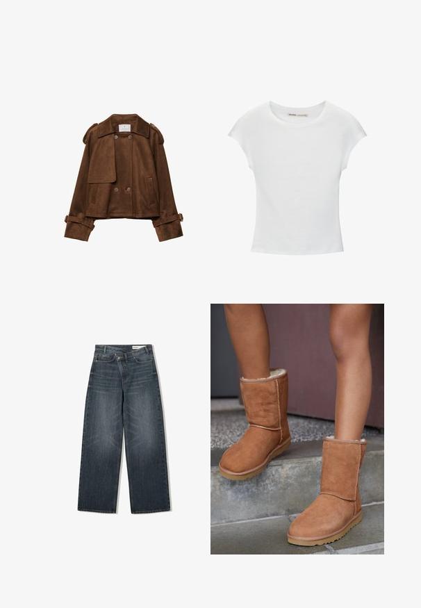 Braune Wildlederjacke in Kurzform mit doppelten Knöpfen, Schulterklappen und Gürtelriemen an den Ärmeln. Verfügt über vordere Klappentaschen und einen gekerbten Kragen.; Weißes Baumwoll-T-Shirt mit kurzen, aufgerollten Ärmeln, rundem Ausschnitt und geradem Saum. Glatte Textur ohne sichtbare Muster oder Akzente.; Dunkel waschjeans mit weitem Bein, hoher Taille, fünf Taschen und dezenten Abnutzungen an der Vorderseite.; Braune Wildleder-Stiefeletten mit runder Spitze, weicher Innenausstattung und Gummisohle, die über sichtbare Nähte entlang der Nähte verfügen.