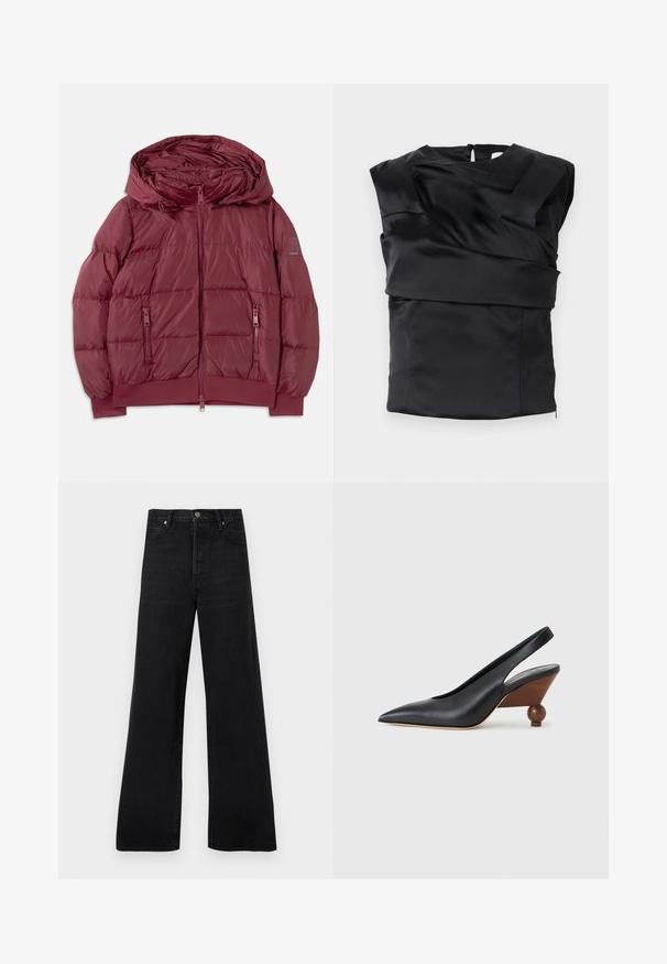 Burgundy puffer-jakki hupulla, vetoketju edessä ja kaksi sivuvetoketjullista taskua. Sen pinnassa on tikattu rakenne ja ribattu reunus. ; Musta satiinitoppi, jossa on rakenteellinen muotoilu leveillä hartioilla ja epäsymmetriseellä etupaneelilla, joka on suljettu vetoketjulla takana.; Mustat leveälahkeiset farkut denimiä, joissa on korkeavyötärö, viiden taskun malli ja napillinen kiinnitys, hieman haalistuneella tekstuurilla.; Musta teräväkärkinen slingback-kenkä, jossa on pyöreä puinen lohkokorko ja sileä nahkapäällinen vaaleanharmaalla taustalla.