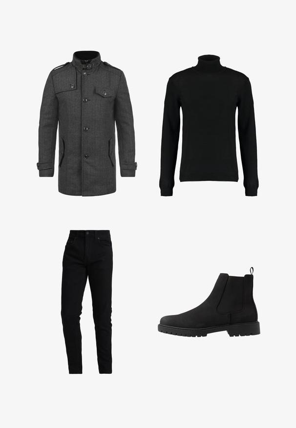 Manteau gris foncé à motif chevrons, avec un col haut, quatre poches avant, des boutons et des épaulettes ; fabriqué en tissu texturé.; Pull à col roulé noir en tricot lisse, avec des manches longues et une silhouette ajustée. Poignets et ourlet côtelés.; Jean noir en denim avec une coupe slim, doté d'une taille moyenne, d'un design à cinq poches et de détails de couture subtils. Tissu à texture lisse.; Pier One by Zalando UNISEX - Bottines - black