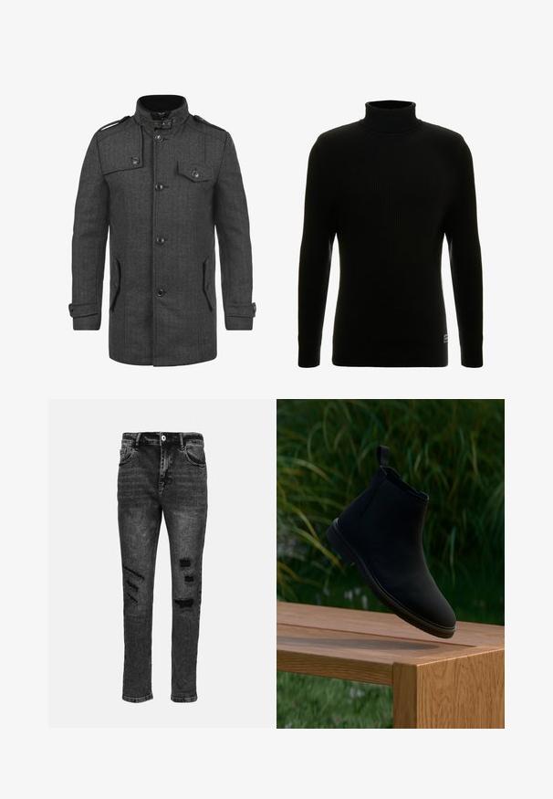Manteau gris foncé à motif chevrons, avec un col haut, quatre poches avant, des boutons et des épaulettes ; fabriqué en tissu texturé.; Pull à col roulé noir avec des manches longues, texture côtelée, silhouette ajustée et petite étiquette de marque en bas à gauche.; Jean en denim noir avec une coupe slim, présentant des déchirures usées sur les cuisses et les genoux, cinq poches, et une fermeture à bouton classique.; Botte Chelsea noire en cuir lisse, avec un onglet de traction, un bout rond, des panneaux latéraux élastiques et un talon bas. Présentée sur une surface en bois.