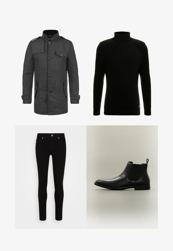 Manteau gris foncé à motif chevrons, avec un col haut, quatre poches avant, des boutons et des épaulettes ; fabriqué en tissu texturé.; Pull à col roulé noir avec des manches longues, texture côtelée, silhouette ajustée et petite étiquette de marque en bas à gauche.; Jean skinny noir avec une texture lisse, conception à cinq poches, fermeture à bouton sur le devant et silhouette épurée. Style minimaliste sans motifs visibles.; Bottine Chelsea en cuir noir avec panneaux latéraux élastiques, languette au talon, talon bas empilé et bout pointu sur fond neutre.