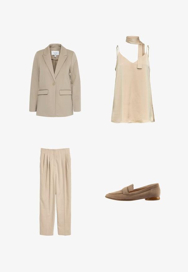 Beige blazer lavet af tekstureret stof, med en klapkrave, enkelt knaplukning og to forreste lommer.; Beige ærmeløs kjole med tynde justerbare stropper og et matchende halstørklæde bundet løst.; Beige plisserede bukser med en skræddersyet pasform, lavet af et glat stof, der har et klassisk taljebånd og lige ben.; Beige ruskindsloafer med en let spids tå, prydet med en stikning og en lille hæl lavet af træ. Enkel, glat tekstur.