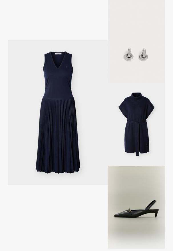 Robe poncho tricotée bleu marine avec un col montant, des manches courtes et une ceinture assortie. Présente une texture côtelée et une coupe décontractée.; Robe sans manches bleu marine avec haut à col en V et jupe midi plissée, présentant un petit logo brodé sur la poitrine.; Escarpin slingback en cuir noir avec talon kitten, bout pointu et petite boucle dorée sur un fond uni.; Paire de petites boucles d'oreilles créoles argentées brillantes avec une base ronde, présentées sur un fond clair uni.