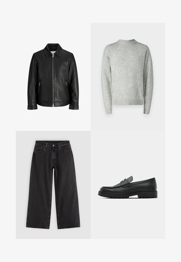 Veste en cuir noire avec une fermeture éclair à l'avant, deux poches latérales zippées et un col plié sur un fond blanc uni.; Pull en laine gris clair, texture tricotée, col rond, manches longues, bords côtelés et poignets, coupe décontractée, design minimaliste.; Jean en denim noir à jambes larges avec poches avant, passants pour ceinture et fermeture par boutons, présenté sur un fond clair uni.; Mocassins en cuir noir à bout arrondi, avec un design cousu, une semelle plateforme basse et une semelle en caoutchouc texturée et crantée.