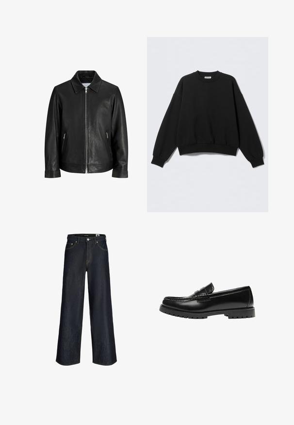 Veste en cuir noire avec une fermeture éclair à l'avant, deux poches latérales zippées et un col plié sur un fond blanc uni.; Sweat-shirt noir à coupe décontractée, col rond et manches longues légèrement bouffantes. Confectionné dans un tissu doux avec des poignets et un ourlet côtelés.; Jean en denim bleu foncé à jambes larges avec bouton à l'avant, poches et coutures orange visibles sur fond blanc.; Mocassin en cuir noir avec une semelle en caoutchouc épaisse et un détail classique de bride à monnaie, vu de côté extérieur.