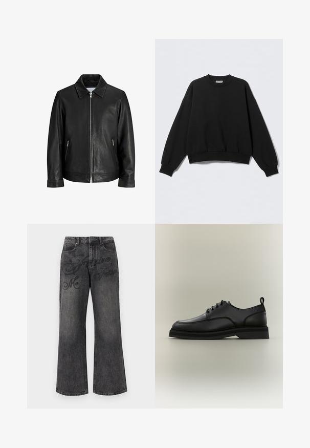 Veste en cuir noire avec une fermeture éclair à l'avant, deux poches latérales zippées et un col plié sur un fond blanc uni.; Sweat-shirt noir à coupe décontractée, col rond et manches longues légèrement bouffantes. Confectionné dans un tissu doux avec des poignets et un ourlet côtelés.; Jean droit noir délavé avec poches avant et texte brodé subtil "Me Inspire Fashion" sur le haut devant.; Chaussure habillée en cuir noir à lacets, semelle épaisse et languette de traction au talon, montrée de profil sur un fond neutre.