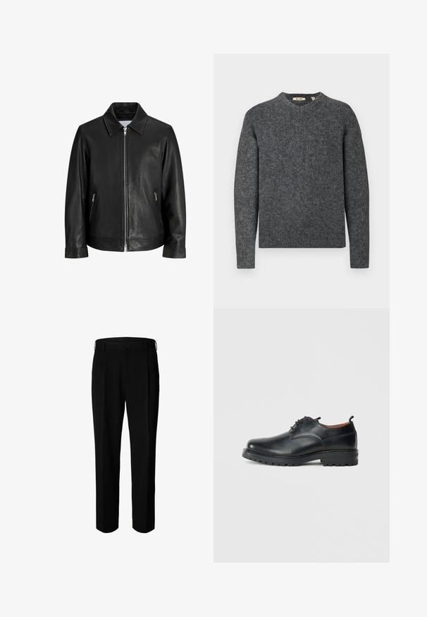 Veste en cuir noire avec une fermeture éclair à l'avant, deux poches latérales zippées et un col plié sur un fond blanc uni.; Pull en laine gris avec un col rond et des manches longues. Tissu en maille texturée et bords côtelés aux poignets et à l'ourlet. Design simple et classique.; Pantalon formel noir avec passants pour ceinture, bouton frontal et fermeture éclair, présenté sur fond blanc.; Chaussures derby en cuir noir avec une texture lisse, bout rond, design à lacets et une semelle en caoutchouc épaisse et robuste.