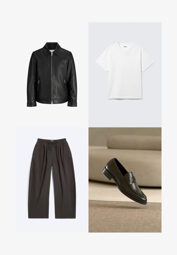 Veste en cuir noire avec une fermeture éclair à l'avant, deux poches latérales zippées et un col plié sur un fond blanc uni.; T-shirt blanc à manches courtes et col rond, étalé à plat, design uni, avec l'étiquette "WEEKDAY" à l'intérieur du col sur un fond clair.; Pantalon marron foncé, coupe ample, avec taille élastique et cordon, poches avant et jambes droites larges, posé à plat sur fond blanc.; Mocassin en cuir noir flottant au-dessus d'un tapis beige avec un canapé beige en arrière-plan, mettant en valeur le design classique pour hommes sans lacets.