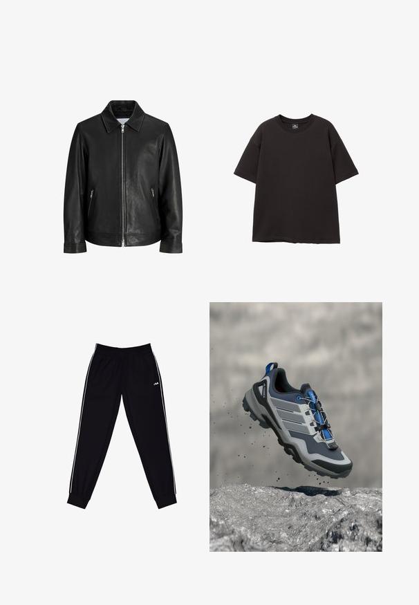 Veste en cuir noire avec une fermeture éclair à l'avant, deux poches latérales zippées et un col plié sur un fond blanc uni.; T-shirt noir surdimensionné en coton, avec un col rond et des manches courtes, offrant une texture lisse, sans motifs ni accents visibles.; Pantalon de sport noir avec des bandes latérales blanches, une taille élastique et des poignets, ainsi qu'un petit logo FILA sur la cuisse gauche supérieure.; Chaussure de randonnée bleue et grise avec une semelle robuste et un système de laçage rapide, flottant au-dessus d'une surface rocheuse, des particules de terre éparpillées en dessous.