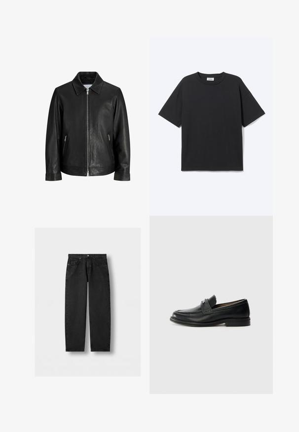 Veste en cuir noire avec une fermeture éclair à l'avant, deux poches latérales zippées et un col plié sur un fond blanc uni.; T-shirt noir à manches courtes avec col rond, coupe décontractée, vue de face, design uni et étiquette de la marque Weekday visible à l’intérieur du col.; Jeans en denim noir à jambes droites avec poches avant et poche à monnaie, fermeture à bouton et passants de ceinture sur un fond gris clair.; Mocassins en cuir noir avec une finition lisse, dotés d'une bande supérieure texturée, d'un talon bas et de détails de couture minimalistes.