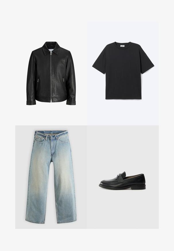 Veste en cuir noire avec une fermeture éclair à l'avant, deux poches latérales zippées et un col plié sur un fond blanc uni.; T-shirt noir à manches courtes avec col rond, coupe décontractée, vue de face, design uni et étiquette de la marque Weekday visible à l’intérieur du col.; Jean denim bleu clair à jambes larges avec une finition délavée. Comprend un design standard à cinq poches et une fermeture à bouton métallique.; Mocassins en cuir noir avec une finition lisse, dotés d'une bande supérieure texturée, d'un talon bas et de détails de couture minimalistes.