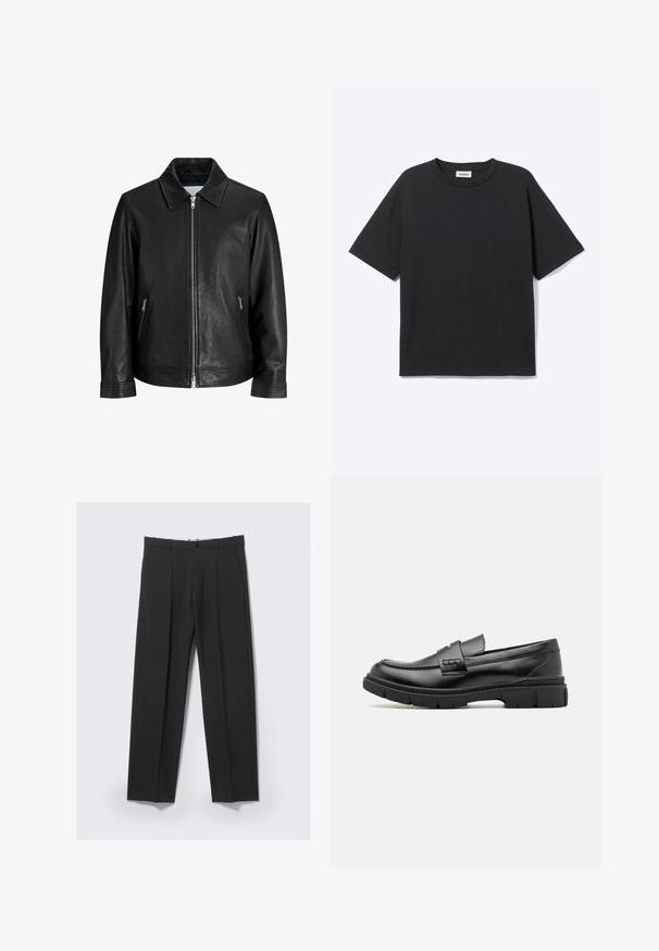 Veste en cuir noire avec une fermeture éclair à l'avant, deux poches latérales zippées et un col plié sur un fond blanc uni.; T-shirt noir à manches courtes avec col rond, coupe décontractée, vue de face, design uni et étiquette de la marque Weekday visible à l’intérieur du col.; Pantalon noir ajusté avec plis avant, poches latérales, passants de ceinture et fermeture par bouton à la taille sur un fond clair.; Mocassin en cuir noir avec une large sangle sur le devant, semelle en caoutchouc à épaisse rainure, et texture lisse. Design classique et élégant.