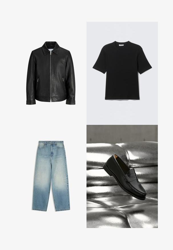 Veste en cuir noire avec une fermeture éclair à l'avant, deux poches latérales zippées et un col plié sur un fond blanc uni.; T-shirt noir à manches courtes avec col rond, portant une étiquette "WEEKDAY" à l'intérieur du col, présenté à plat sur un fond clair.; Jean denim bleu clair à jambes larges avec poches avant, fermeture par bouton, et effet délavé sur les cuisses et les genoux.; Mocassin en cuir noir flottant au-dessus d'un canapé en cuir argenté brillant matelassé à boutons dans un décor minimaliste.