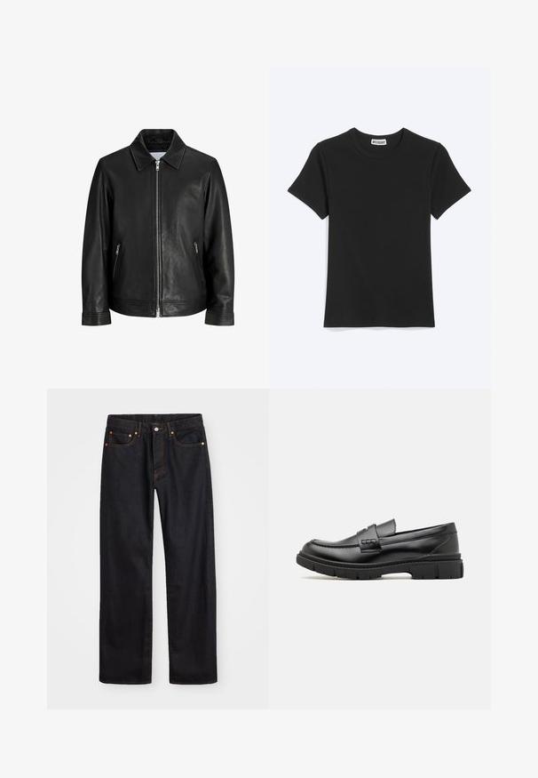 Veste en cuir noire avec une fermeture éclair à l'avant, deux poches latérales zippées et un col plié sur un fond blanc uni.; T-shirt noir uni à manches courtes et col rond avec une étiquette de la marque Weekday à l’intérieur du col, présenté sur fond blanc.; Jean en denim noir pour hommes, coupe droite, avec cinq poches et surpiqûres orange, fermeture par bouton et zip à la taille avant.; Mocassin en cuir noir avec une large sangle sur le devant, semelle en caoutchouc à épaisse rainure, et texture lisse. Design classique et élégant.