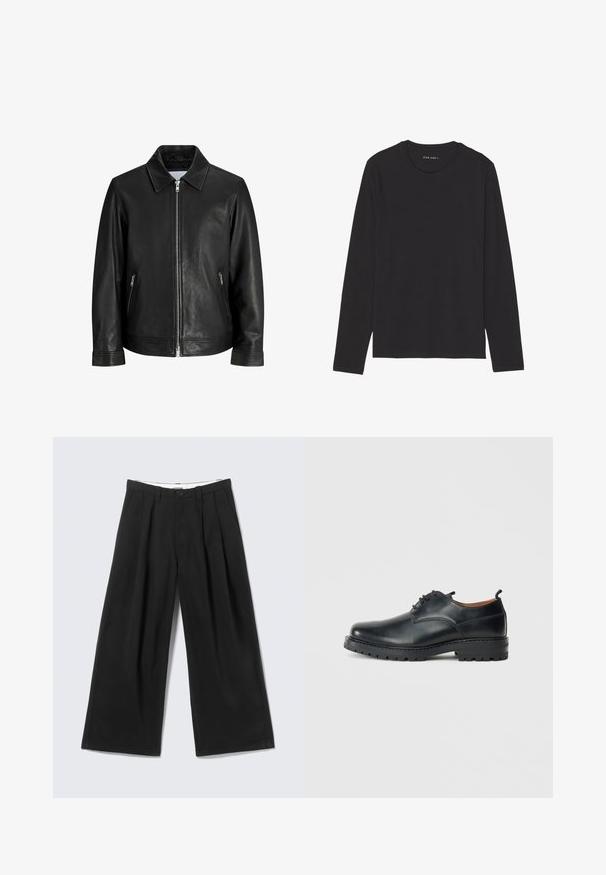 Veste en cuir noire avec une fermeture éclair à l'avant, deux poches latérales zippées et un col plié sur un fond blanc uni.; T-shirt à manches longues noir en tissu doux et léger. Présente un col rond et un ourlet droit. Aucun motif ou accent visible.; Pantalon noir à jambes larges avec plis, passants pour ceinture et fermeture par bouton, présenté sur un fond gris clair.; Chaussures derby en cuir noir avec une texture lisse, bout rond, design à lacets et une semelle en caoutchouc épaisse et robuste.
