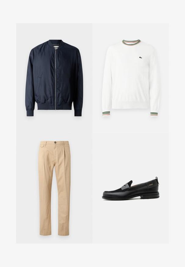 Veste bombardier navy avec une finition lisse et brillante, des poignets et un ourlet côtelés, dotée d'une fermeture éclair à l'avant et de poches latérales.; Pull blanc à col rond, avec des accents rayés verts, rouges et oranges sur le col et les manches. Logo Lacoste sur la poitrine.; Pantalons en coton beige à jambe droite pour homme, avec poches avant, passants de ceinture, fermeture à bouton et zip, sur fond blanc.; Mocassin en cuir noir avec détail de bride grise, talon bas et semelle texturée, marqué "HUGO" en or sur le côté.