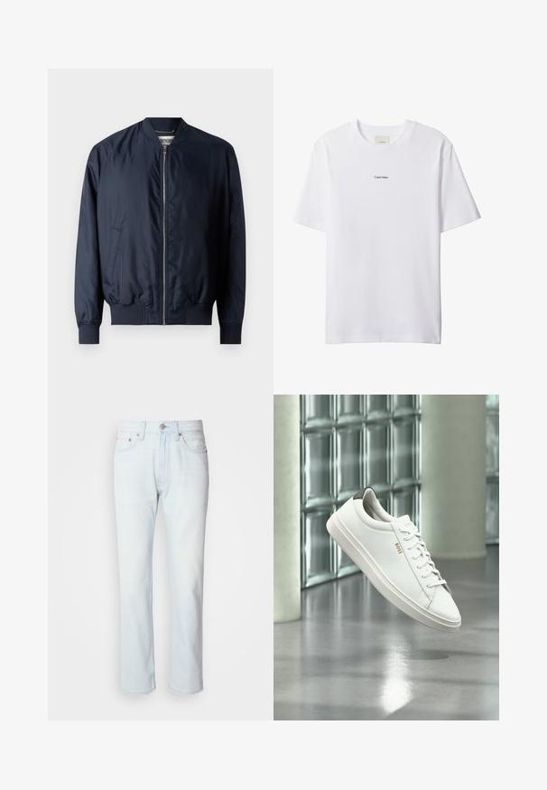 Veste bombardier navy avec une finition lisse et brillante, des poignets et un ourlet côtelés, dotée d'une fermeture éclair à l'avant et de poches latérales.; T-shirt blanc en coton avec un col rond et des manches courtes. Présente un petit logo noir "Calvin Klein" centré sur la poitrine.; Jean en denim bleu clair avec une coupe droite. Présente une fermeture à bouton et des passants de ceinture, mettant en valeur une texture décolorée et des coutures minimalistes.; Baskets basses en cuir blanc avec lacets, languette de talon noire et logo « BOSS », flottant à l'intérieur près d'un mur en blocs de verre et d'un sol poli.