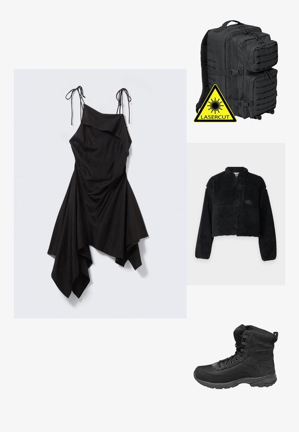Schwarze Fleecejacke mit hohem Kragen, tailliertem Design, langen Ärmeln, Taschen vorne und strukturiertem Stoff. Mit einem Logo auf der Brust.; Schwarzes asymmetrisches Kleid mit dünnen Bindesträgern, drapiertem Oberteil und Zipfel-Saum vor hellgrauem Hintergrund.; Schwarzer taktischer High-Top-Stiefel mit Mesh- und Wildlederpaneelen, vorderer Schnürung, gepolstertem Kragen und robuster Gummisohle.; Schwarzer taktischer Rucksack mit mehreren Fächern, gepolstertem Mesh-Rücken und laserperforierten Akzenten; beinhaltet verstärkte Reißverschlüsse und verstellbare Riemen.