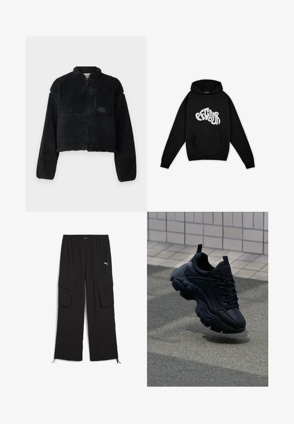 Schwarze Fleecejacke mit hohem Kragen, tailliertem Design, langen Ärmeln, Taschen vorne und strukturiertem Stoff. Mit einem Logo auf der Brust.; Pegador PALUMA OVERSIZED HOODIE - Sweatshirt - black; Schwarze Cargo-Hosen mit weitem Bein, elastischem Bund, zwei Seitentaschen und Kordelzugsäumen. Mit einem kleinen weißen Logo.; Schwarze Leder-Sneaker mit einem klobigen Design, ausgestattet mit einer dicken Sohle, strukturierten Einsätzen und schwarzen Schnürsenkeln. Schwebt über einem grauen Gehweg.