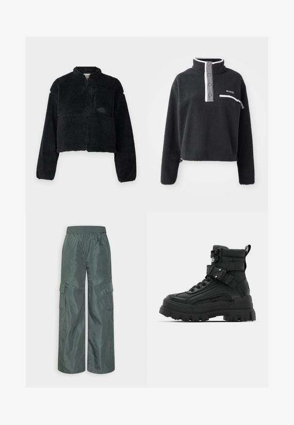 Sort fleecejakke med høj krave, cropped design, lange ærmer, frontlomme og struktureret stof. Har et logo på brystet.; Sort fleece pullover med halv lynlås krave, der har en brystlomme og kontrasterende hvide og grå detaljer. Blød tekstur, cropped design.; Even&Odd by Zalando Cargobukser - dark green; Sorte ankelstøvler med en tekstureret overdel, kraftig sål, snørelukning og justerbar rem med logo-detalje. Gummisal med udtalt dækmønster.