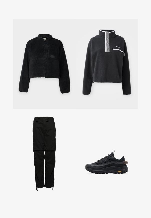 Sort fleecejakke med høj krave, cropped design, lange ærmer, frontlomme og struktureret stof. Har et logo på brystet.; Sort fleece pullover med halv lynlås krave, der har en brystlomme og kontrasterende hvide og grå detaljer. Blød tekstur, cropped design.; Superdry & Co PARACHUTE GRIP - Cargobukser - black; Sort lav sko til vandring med tyk, tekstureret Vibram-sål, runde snørebånd, mesh-overdel og træksløjfe ved hæl og tunga.