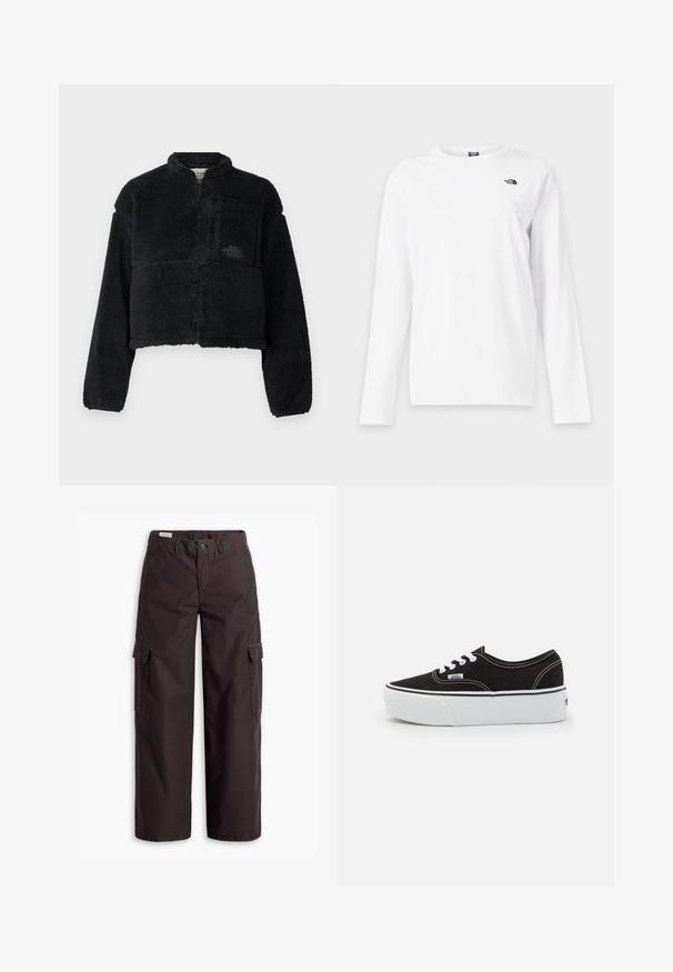 Sort fleecejakke med høj krave, cropped design, lange ærmer, frontlomme og struktureret stof. Har et logo på brystet.; Hvid langærmet T-shirt med rund hals og lille sort The North Face-logo på venstre bryst.; Mørkebrune, lige ben cargo-bukser med sidelommer med klap, knaplukning, bæltestropper og lynlås foran.; Sort lærred sneakers med en hvid gummi platform sål, der har hvide snørebånd og syninger, ikonisk branding på siden, lav-top design.