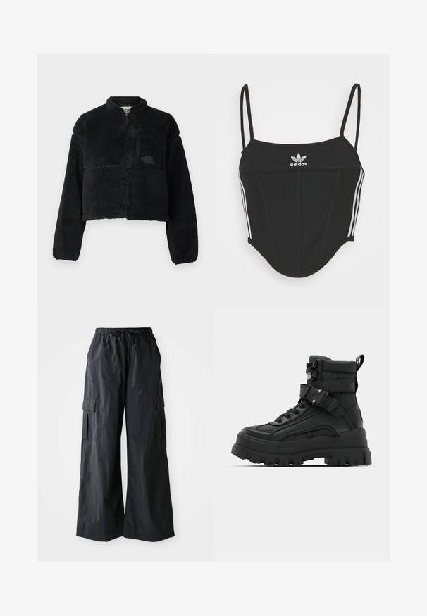 Sort fleecejakke med høj krave, cropped design, lange ærmer, frontlomme og struktureret stof. Har et logo på brystet.; Sort ribbet crop top med justerbare tynde stropper, der har tre hvide striber på siderne og et lille hvidt Adidas-logo i midten.; Sorte cargo-bukser lavet af letvægtigt stof, med vidde i benene, elastisk talje og flere sidelommer. Enkle og funktionelle.; Sorte ankelstøvler med en tekstureret overdel, kraftig sål, snørelukning og justerbar rem med logo-detalje. Gummisal med udtalt dækmønster.