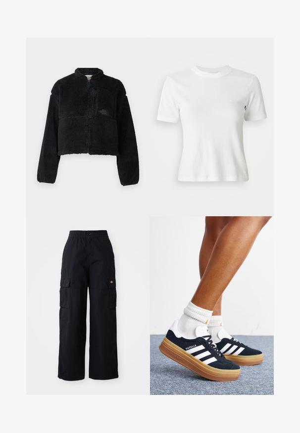Sort fleecejakke med høj krave, cropped design, lange ærmer, frontlomme og struktureret stof. Har et logo på brystet.; Hvid ribbet kortærmet T-shirt med rund halsudskæring og et lille logo på brystet. Lavet af blødt stof med en tætsiddende pasform.; Sorte cargo bukser med elastisk talje og en knap. Har to store sidelommer og et patch-logo på venstre ben. Bred bendesign.; Ben iført hvide sokker og sorte Adidas Gazelle sneakers med hvide striber og tykke brune såler på et gråt tæppe.
