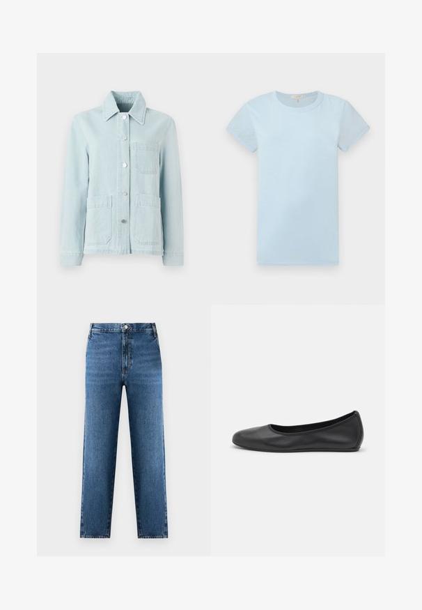 Veste en denim bleu clair avec un col, poches avant et boutons argentés. Le tissu a une texture lisse et un design décontracté.; rag & bone T-shirt basique - raindrop; Jean droit bleu à taille haute, fabriqué en denim. Présente une fermeture à bouton et zip à l'avant, avec un léger délavage sur le tissu.; Ballerines en cuir noir avec un bout rond, texture lisse, détails de couture minimalistes et design de semelle flexible.