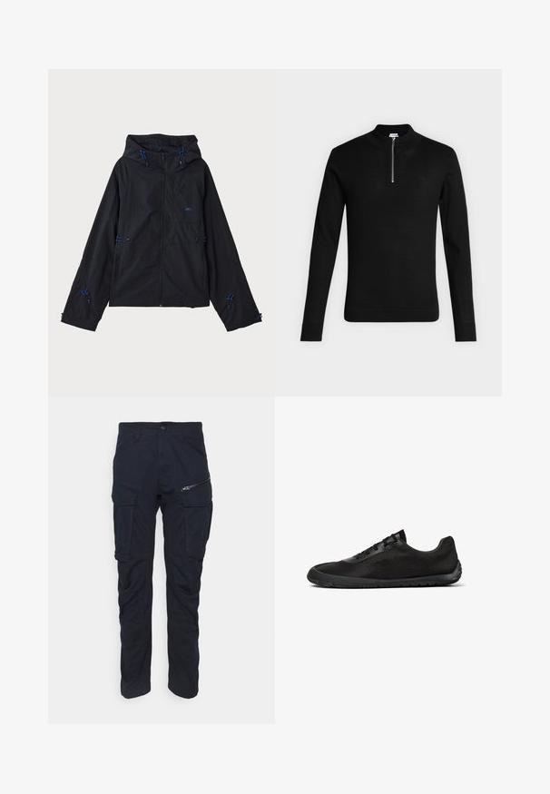 Sort letvægtsjakke med hætte, der har blå detaljer, snore og lynlås lukning. Fremstillet af vandafvisende materiale.; Sort langærmet pullover med halv lynlås og ståkrave, vist på en ensfarvet lys grå baggrund.; Mørk navy cargo bukser med en lynlås lomme, flere sidelommer, lige ben design og slidstærkt stof med en glat tekstur.; Sort sneaker med lav profil, mesh-overdel, snørelukning og fleksibel gummisål vist fra siden mod hvid baggrund.
