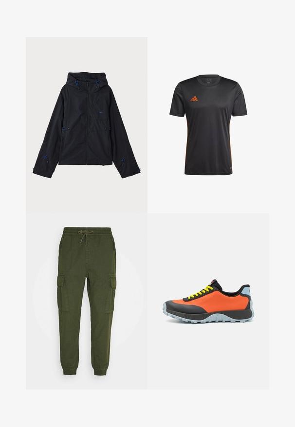 Zwarte lichtgewicht jas met een capuchon, voorzien van blauwe accenten, trekkoorden en een ritsluiting. Gemaakt van waterafstotende stof.; Zwart Adidas sport T-shirt met oranje logo op de borst en oranje accenten langs de zijkanten, korte mouwen en ronde hals.; Olijfgroene cargobroek met een elastische tailleband, trekkoord, zijzakken en taps toelopende boorden. Gemaakt van een gestructureerde stof voor extra comfort.; Oranje en zwarte sportieve schoen met een gestructureerde bovenkant, ronde neus, gele veters en een lichtblauwe rubberen buitenzool met een opvallend loopprofiel.
