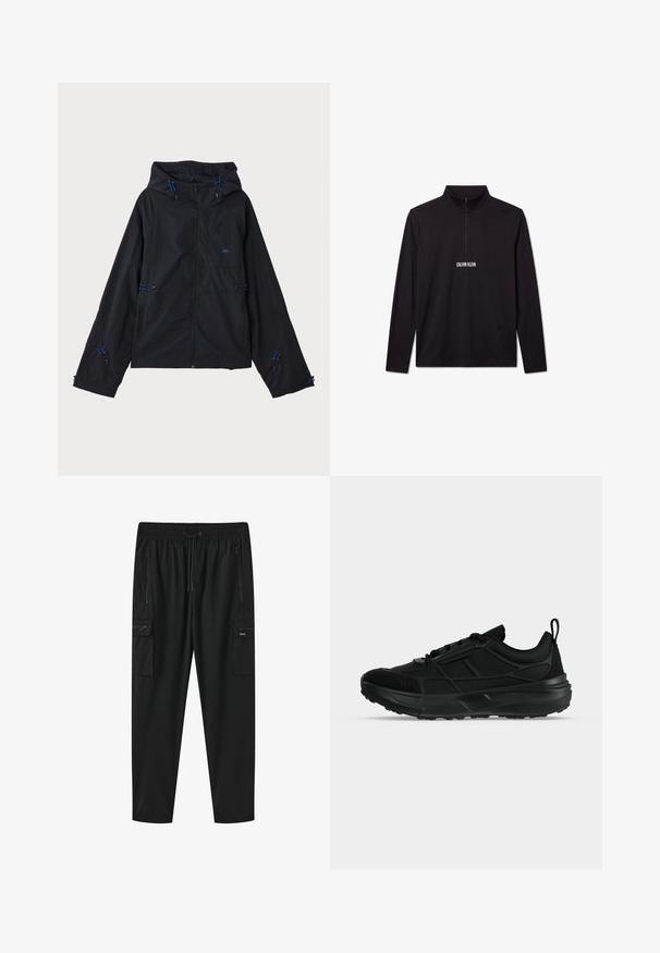 Veste légère noire avec capuche, présentant des accents bleus, des cordons de serrage et une fermeture éclair. Fabriquée en tissu résistant à l'eau.; Pull noir à manches longues Calvin Klein avec une fermeture éclair sur le quart et un logo blanc imprimé sur la poitrine.; Pantalon cargo noir avec ceinture élastique, cordon de serrage, deux poches latérales zippées et deux poches à rabat zippées sur les cuisses.; Baskets de sport noires avec tige en mesh et synthétique, fermeture à lacets, col rembourré et semelle épaisse en caoutchouc, vues de profil.