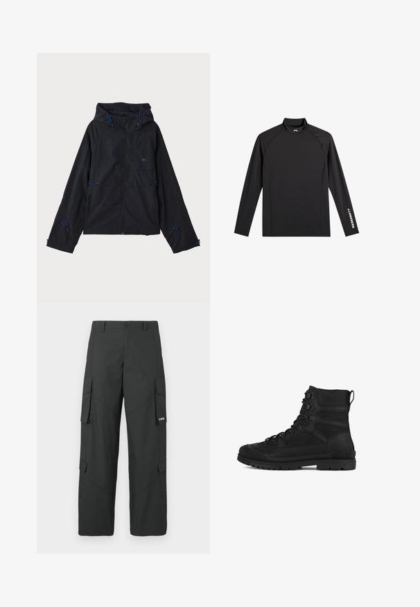 Schwarze leichte Jacke mit Kapuze, ausgestattet mit blauen Akzenten, Kordelzügen und einem Reißverschluss. Hergestellt aus wasserabweisendem Material.; Schwarzes Langarm-Sportoberteil mit Stehkragen, schlanker Passform und weißem "J.Lindeberg"-Logo am linken Ärmel und Kragen.; Schwarze gerade Cargo-Hosen mit seitlichen Klappentaschen, Druckknopfverschluss, Gürtelschlaufen und kleinem weißen Logo auf der Klappentasche rechts.; Schwarzer Wanderschuh mit hohem Schaft, aus synthetischem Material, mit strukturierter Oberfläche, verstärkter Zehenkappe und Metallösen für die Schnürung.