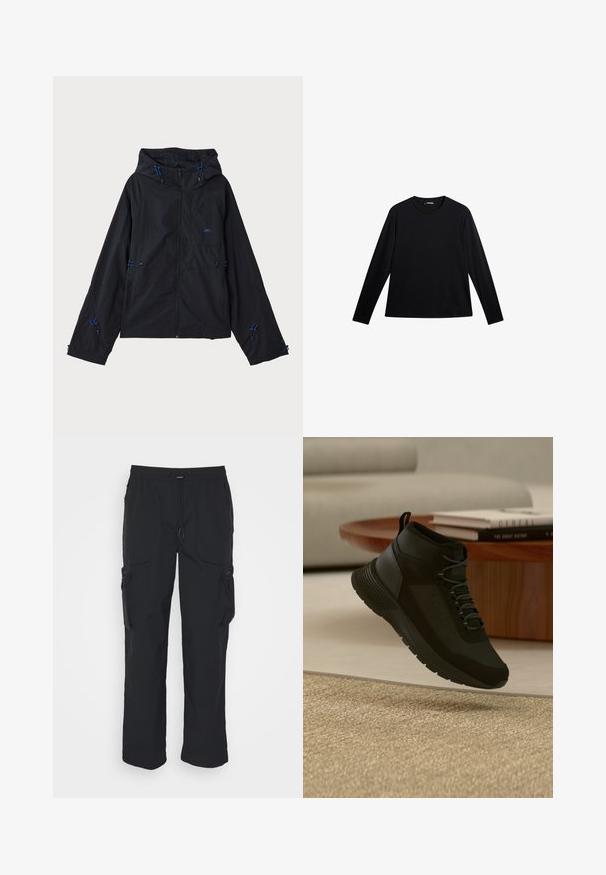 Schwarze leichte Jacke mit Kapuze, ausgestattet mit blauen Akzenten, Kordelzügen und einem Reißverschluss. Hergestellt aus wasserabweisendem Material.; Schwarzes Langarm-T-Shirt aus glattem Stoff, mit Rundhalsausschnitt und einem dezenten Logo auf der Vorderseite, in lockerer Passform.; Schwarze Cargo-Hosen aus gewebtem Stoff. Mit verstellbarem Bund, Seitentaschen und zwei Utility-Taschen mit Reißverschlüssen.; Schwarzer High-Top-Sneaker mit Schnürsenkeln, der über einem beigen Teppich schwebt, runder Holztisch mit gestapelten Büchern in einem hellen, modernen Wohnzimmer.