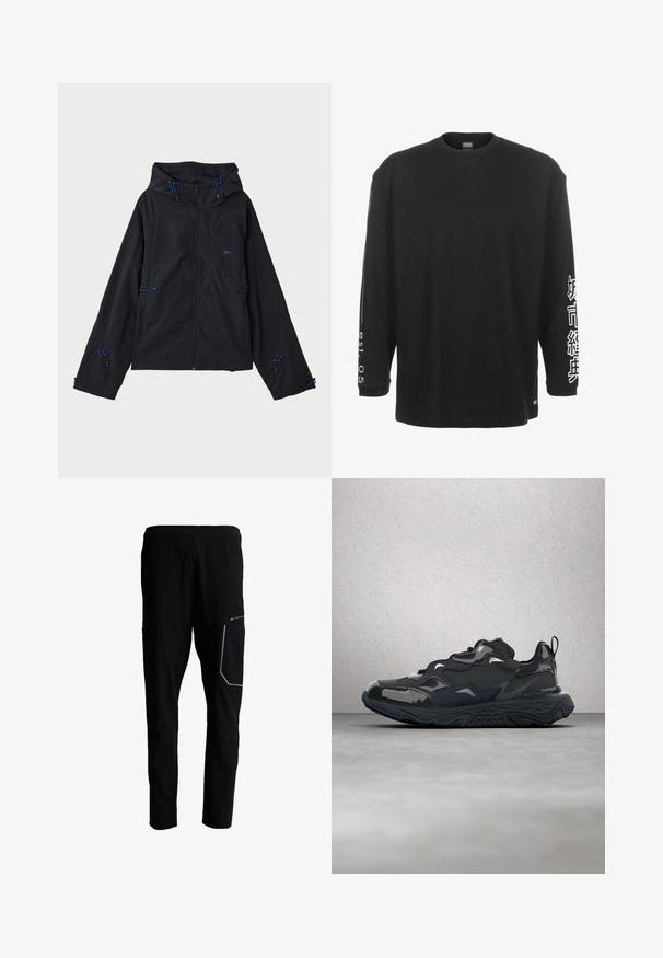 Schwarze leichte Jacke mit Kapuze, ausgestattet mit blauen Akzenten, Kordelzügen und einem Reißverschluss. Hergestellt aus wasserabweisendem Material.; Schwarzes Langarm-T-Shirt aus Baumwolle. Mit Rundhalsausschnitt, seitlichem Schlitz und weißen Textgrafiken auf dem rechten Ärmel und dem Saum.; Schwarze Sporthose mit elastischem Bund, einer rechten Oberschenkeltasche mit reflektierendem Besatz und leichten, zulaufenden Beinen.; Schwarzer Laufschuh mit strukturiertem Obermaterial, glatten Akzenten und einer klobigen Sohle mit wellenförmigem Profil, entworfen für Komfort und Langlebigkeit.