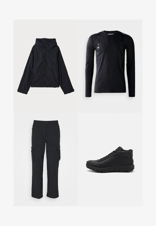 Schwarze leichte Jacke mit Kapuze, ausgestattet mit blauen Akzenten, Kordelzügen und einem Reißverschluss. Hergestellt aus wasserabweisendem Material.; Schwarzes, langärmliges Sportshirt aus glattem, dehnbarem Stoff. Verfügt über glänzende schwarze Akzente an den Schultern und ein Adidas-Logo auf der Brust.; Schwarze Cargo-Hosen aus gewebtem Stoff. Mit verstellbarem Bund, Seitentaschen und zwei Utility-Taschen mit Reißverschlüssen.; Schwarze High-Top-Sneaker aus strukturiertem Leder, mit einer dicken Gummisohle mit Profil und Schnürdesign. Roter Akzent auf der Zunge.
