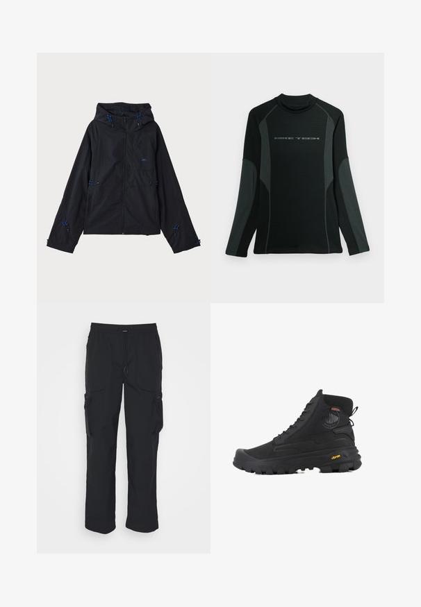 Zwarte lichtgewicht jas met een capuchon, voorzien van blauwe accenten, trekkoorden en een ritsluiting. Gemaakt van waterafstotende stof.; Zwarte shirt met lange mouwen en hoge kraag, gemaakt van textuurstof. Heeft grijze zijpanelen en het "NIKE TECH" logo op de borst.; Zwarte cargobroek van geweven stof. Voorzien van een verstelbare tailleband, zijzakken en twee utilityzakken met ritsen.; Zwarte hoge laarzen met een gestructureerd oppervlak, voorzien van een waterdicht ontwerp, vetersysteem en een opvallende rubberen zool met Vibram-merktekens.