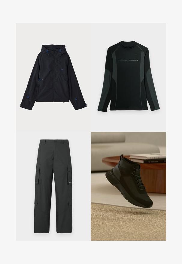Veste légère noire avec capuche, présentant des accents bleus, des cordons de serrage et une fermeture éclair. Fabriquée en tissu résistant à l'eau.; Chemise noire à manches longues avec col haut, fabriquée en tissu texturé. Présente des panneaux latéraux gris et le logo "NIKE TECH" sur la poitrine.; Pantalons cargo noirs à jambes droites avec poches latérales à rabat, fermeture à bouton, passants de ceinture et petit logo blanc sur le rabat de la poche droite.; Baskets montantes noires à lacets flottant au-dessus d'un tapis beige, table ronde en bois avec des livres empilés dans un salon moderne et clair.
