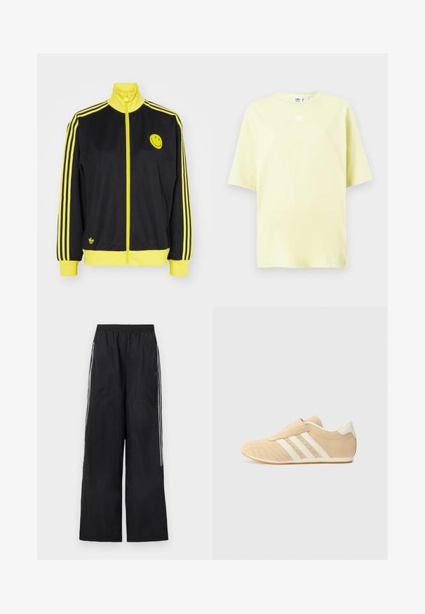 Schwarze Zip-Jacke mit gelben Akzenten, hohem Kragen, Smiley-Gesicht-Logo auf der linken Brust und drei horizontalen gelben Streifen an jedem Ärmel.; Helles gelbes Adidas T-Shirt mit kurzen Ärmeln und kleinem weißen Trefoil-Logo in der Mitte nahe dem Ausschnitt.; Schwarze, weit geschnittene Trainingshose mit elastischem Bund und drei weißen Streifen an jeder Seite der Beine.; Tan- und cremefarbene Sportschuhe mit einem glatten Lederoberteil, drei weißen Streifen an der Seite und einer abgerundeten Zehenpartie. Strukturiertes Obermaterial mit Perforationen.
