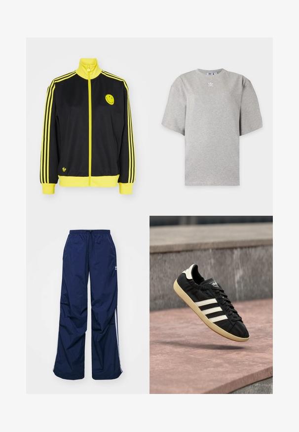 Sort zip-up jakke med gule detaljer, høj krave, glad ansigt logo på venstre bryst og tre vandrette gule striber på hver ærme.; Lysegrå Adidas T-shirt med korte ærmer, rund hals og lille hvid Adidas-logo på brystet, vist på en ensfarvet baggrund.; Marineblå, letvægtsbukser med elastik i taljen og snøre, med hvide sidelister og et lille logo foran. Løs pasform.; Sort Adidas sneaker med hvide striber og beige sål, fanget i luften over en stenet overflade og baggrund af en stenmur.