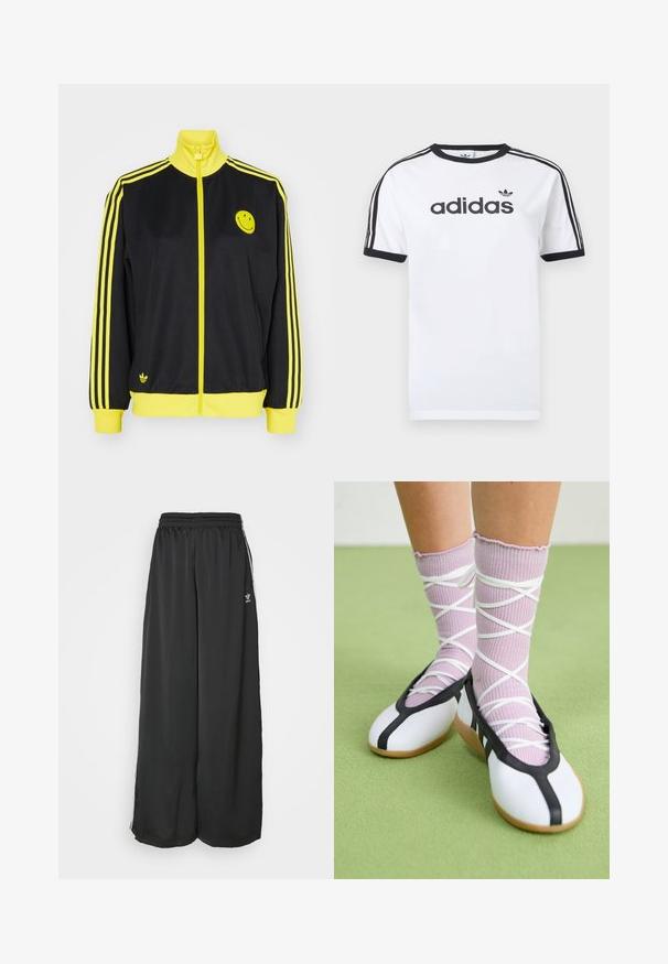 Schwarze Zip-Jacke mit gelben Akzenten, hohem Kragen, Smiley-Gesicht-Logo auf der linken Brust und drei horizontalen gelben Streifen an jedem Ärmel.; Weißes Baumwoll-T-Shirt mit schwarzen Akzenten, verfügt über einen Rundhalsausschnitt, kurze Ärmel, drei schwarze Streifen auf den Schultern und das "adidas"-Logo in Schwarz.; Schwarze, locker sitzende Jogginghosen aus glattem Material. Mit elastischem Bund und seitlichen Streifen mit Logo-Akzenten.; Beine mit gerippten lavendelfarbenen Socken mit weißen überkreuzten Riemen, kombiniert mit weißen Ballettschuhen mit schwarzem Rand auf grünem Boden.