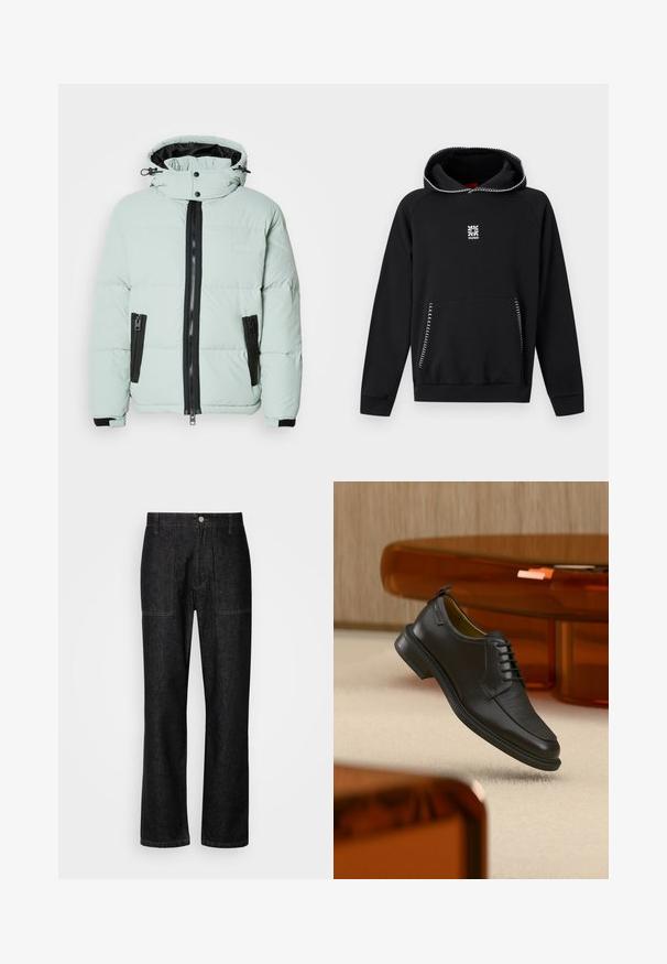 Πουφ jacket σε ανοιχτό μέντα με ψηλό γιακά, μαύρο φερμουάρ και δύο πλαϊνές τσέπες. Διαθέτει ελαστικούς καρπούς και ελάχιστη σήμανση.; Μαύρο φούτερ με κουκούλα και λευκή ζιγκ ζαγκ ραφή στις άκρες της κουκούλας και των τσεπών, με μικρό λευκό λουλουδένιο λογότυπο και τη λέξη "HUGO" στο στήθος.; Μαύρο τζιν παντελόνι με ίσια γραμμή, εμφανή ραφή και κουμπί στο μπροστινό μέρος. Περιλαμβάνει δύο πλαϊνές τσέπες και δύο πίσω τσέπες.; Μαύρο δερμάτινο παπούτσι επίσημο με κορδόνια και υφή στο μπροστινό μέρος, αιωρείται πάνω από μπεζ χαλί σε μοντέρνο δωμάτιο με έπιπλα σε κεχριμπαρένιο τόνο.