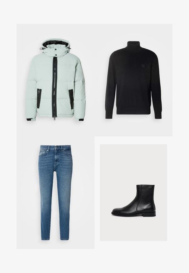 Πουφ jacket σε ανοιχτό μέντα με ψηλό γιακά, μαύρο φερμουάρ και δύο πλαϊνές τσέπες. Διαθέτει ελαστικούς καρπούς και ελάχιστη σήμανση.; Μαύρο πουλόβερ με λαιμόκοψη τύπου τζάκετ και μακριά μανίκια, με καρό γιακά και μανσέτες, κατασκευασμένο από λείο ύφασμα. Διαθέτει μια μικρή ετικέτα λογότυπου στο στήθος.; Ανοιχτό μπλε τζιν παντελόνι με ίσια γραμμή, παραδοσιακό σχέδιο πέντε τσεπών, μεταλλικό κούμπωμα και διακριτική φθορά στο μπροστινό μέρος.; Μαύρο λείο δερμάτινο μποτάκι αστραγάλου με χαμηλό τακούνι και πλαϊνό φερμουάρ, με την ετικέτα Hugo κοντά στην επάνω άκρη.