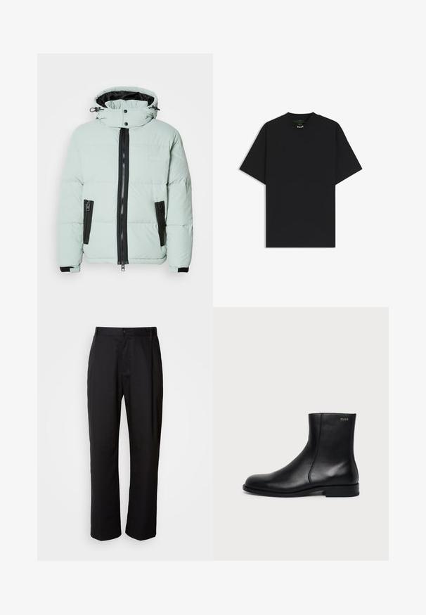 Πουφ jacket σε ανοιχτό μέντα με ψηλό γιακά, μαύρο φερμουάρ και δύο πλαϊνές τσέπες. Διαθέτει ελαστικούς καρπούς και ελάχιστη σήμανση.; Μαύρο κοντομάνικο μπλουζάκι με στρογγυλή λαιμόκοψη και μια μικρή ετικέτα «BOSS» μέσα στον γιακά στο πίσω μέρος.; Μαύρο παντελόνι με ίσια γραμμή, κατασκευασμένο από ελαφρύ ύφασμα. Διαθέτει κλείσιμο με κουμπί μπροστά και δύο πλαινές τσέπες; λεία υφή.; Μαύρο δερμάτινο μποτάκι αστραγάλου με χαμηλό τακούνι, πλευρικό ράψιμο και μικρό λογότυπο "HUGO" στο επάνω μανσέτι σε μονόχρωμο φόντο.