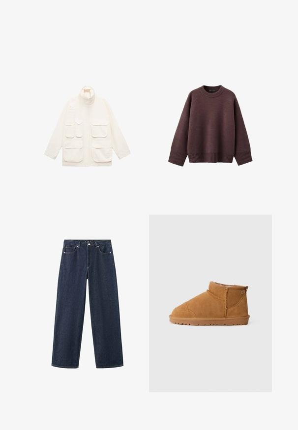 Lysbeige jakke lavet af bomuld, med høj krave, flere forlommer og en afslappet pasform med lange ærmer.; Løs pasform sweater i mørk bordeaux, lavet af blødt strikket stof. Har en ribstrikket rund hals, vide ærmer og en ribstrikket kant.; Mørkeblå vidde-ben denimjeans med fem lommer, knaplukning og bæltestropper, vist fladt på en hvid baggrund.; Tan ruskinds ankelstøvle med rund tå, syede detaljer, en lille hæl og en struktureret gummisål. Bagpå har den en lille løkke-detalje.