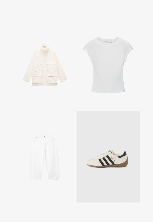 Lysbeige jakke lavet af bomuld, med høj krave, flere forlommer og en afslappet pasform med lange ærmer.; Hvid bomuld t-shirt med korte, opsmøgede ærmer, rund halsudskæring og lige kant. Glat tekstur uden synlige mønstre eller detaljer.; Hvide, brede bomuldsjeans med knap- og lynlåslukning foran, bæltestropper og femlomme-design.; Hvid Adidas-sneaker med sorte striber, brun tekstureret sål og "SPEZIAL" i guldbogstaver på siden, set fra ydersiden.
