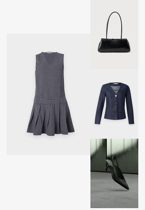 Marineblaue Denimjacke mit V-Ausschnitt, langen Ärmeln, tailliertem Design und drei schwarzen Knöpfen auf der Vorderseite. Mit senkrechter Nahtverarbeitung.; Marineblaues kariertes Kleid mit V-Ausschnitt, ärmellosem Design, plissiertem Rock und strukturierter Taille. Hergestellt aus leichtem Stoff.; Schwarzer Slingback-Highheel aus Leder mit spitzer Schuhspitze, schwebt über grauem Teppichboden, unscharfer grünlicher Wandhintergrund.; Schwarze rechteckige Schultertasche mit langen dünnen Trägern und einer glatten, glänzenden Textur auf einfarbigem Hintergrund.