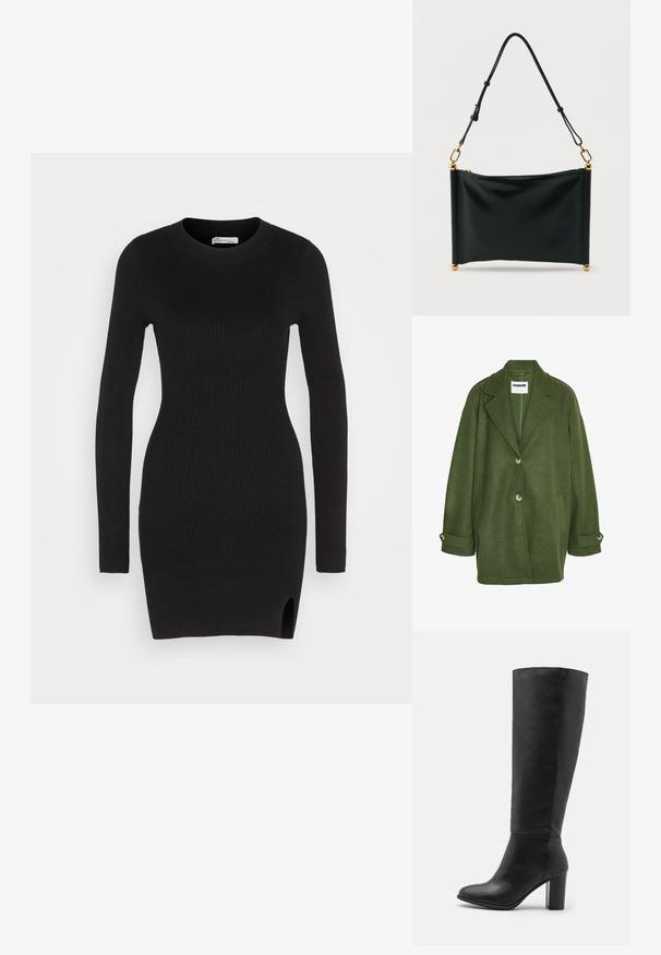 Grøn uldblandet frakke med spids krave, to frontlommer og tre knapper. Har en løs pasform og oprevne ærmer.; Hollister Co. CHAIN BODYCON SWEATER DRESS - Strikkjoler - black; Sorte knæhøje støvler lavet af glat læder, med en kraftig hæl og rund tå. Minimalistisk design uden synligt hardware eller dekorationer.; Sort rektangulær læderhåndtaske med justerbar rem, gulddetaljer og lynlåslukning, stående opret mod en hvid baggrund.